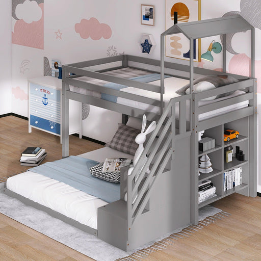 Twin over Full House Roof Bunk Bed with Staircase Drawers and Shelves - Gray image