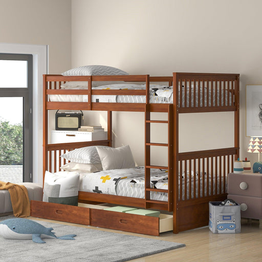 Twin over Twin Bunk Bed with Ladders and TwoStorage Drawers - Walnut image