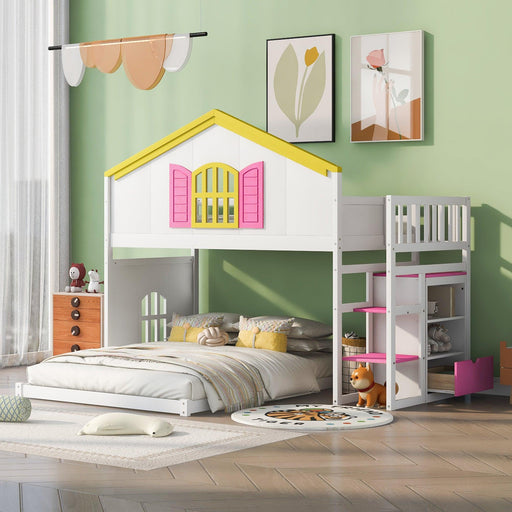 Twin over Full House Bunk Bed with Pink Staircase, Drawer and Shelves - White image