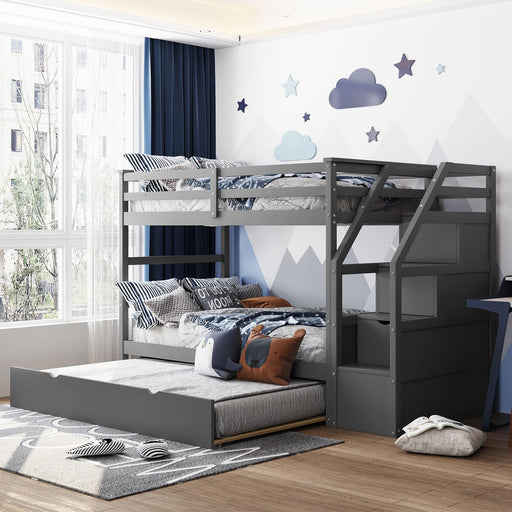 Twin over Twin Bunk Bed withStorage Staircase and Twin Size Trundle Bed - Gray image