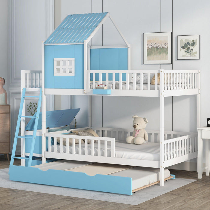 Full over Full Bunk Bed with Twin Size Trundle,Storage Box and Drawer - Blue image