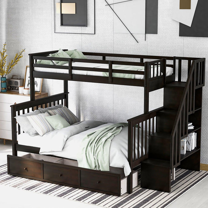 Twin Over Full Bunk Bed with Drawer andStorage Staircase - Espresso image