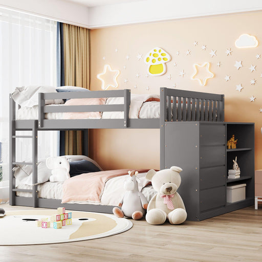 Full over Full Bunk Bed with 4 Drawers and 3 Shelves - Gray image