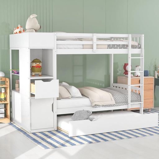 Twin over Twin Bunk Bed with Twin Size Trundle and Attached MultifunctionalStorage - White image