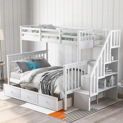 Twin Over Full Bunk Bed with Drawer andStorage Staircase - White image