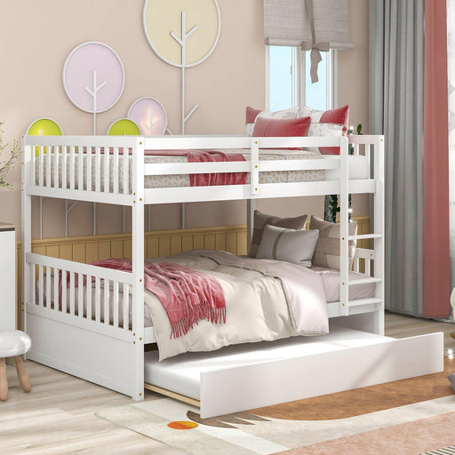 Full Over Full Convertible Bunk Bed with Twin Size Trundle and Safety Rails - White image