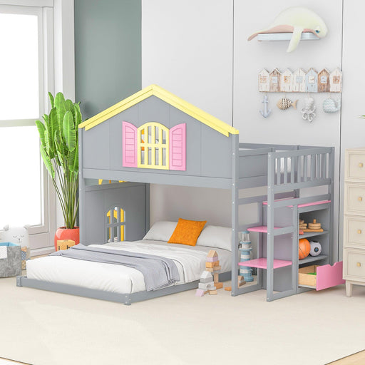 Twin over Full House Bunk Bed with Pink Staircase, Drawer and Shelves - Gray image