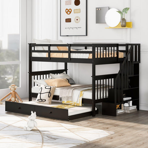 Full Over Full Bunk Bed with Twin Size Trundle,Storage Staircase and Guard Rail  - Espresso image