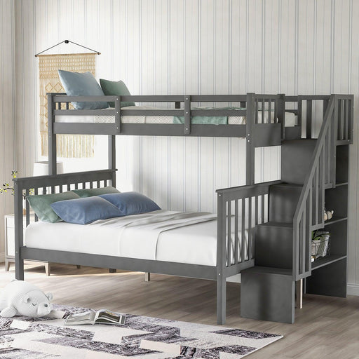 Twin Over Full Bunk Bed withStorage Staircase and Guard Rail - Gray image