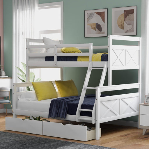 Twin over Full Bunk Bed with Ladder, TwoStorage Drawers and Safety Guardrail - White image