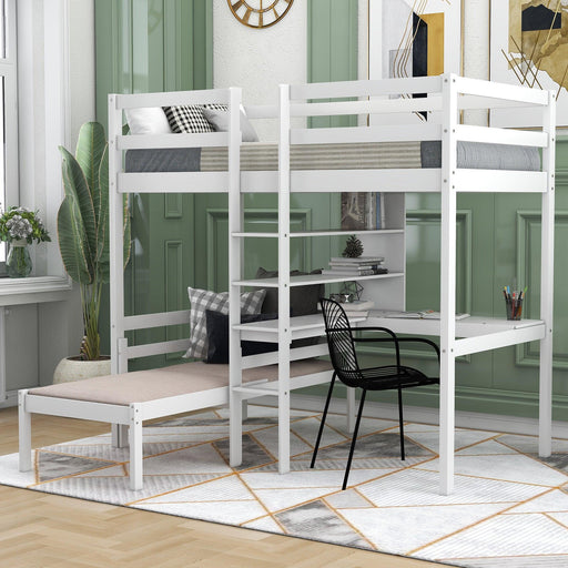 Convertible Loft Bed with L-Shape Desk, Twin Bunk Bed with Shelves and Ladder - White image