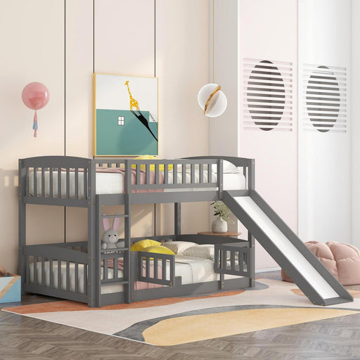 Twin over Twin Low Bunk Bed with Slide, Fence and Ladder - Gray image