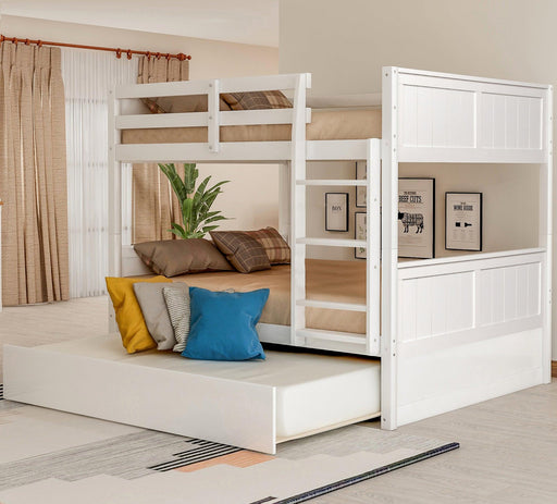 Full Over Full Bunk Bed with Twin Size Trundle, Ladder, Head and Footboard - White image