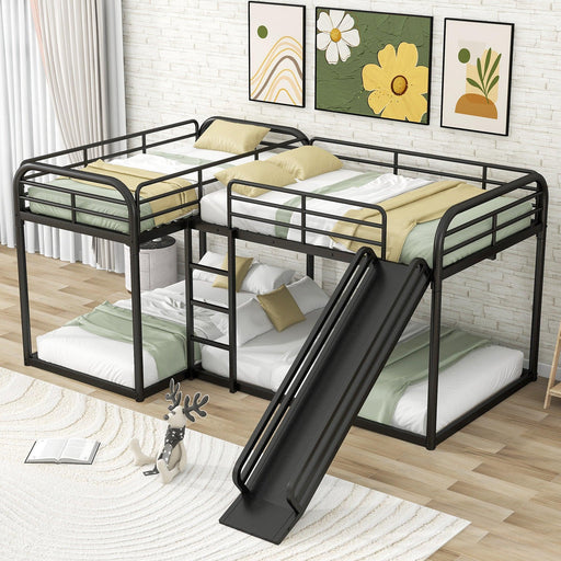 Full and Twin Size Low L-Shaped Bunk Bed with Slide and Ladder - Black image