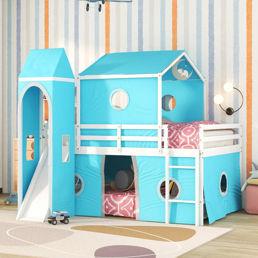 Full over Full House Shaped Bunk Bed with Slide Tent and Tower - Blue image