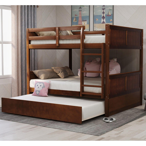 Full Over Full Bunk Bed with Twin Size Trundle, Ladder, Head and Footboard - Walnut image