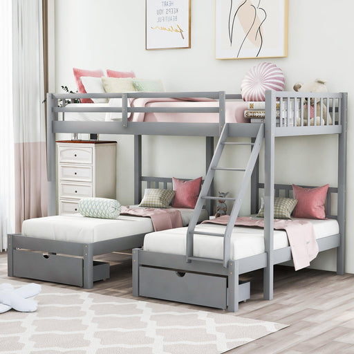 Full Over Twin and  Twin Bunk Bed with Drawers and Guardrails - Gray image