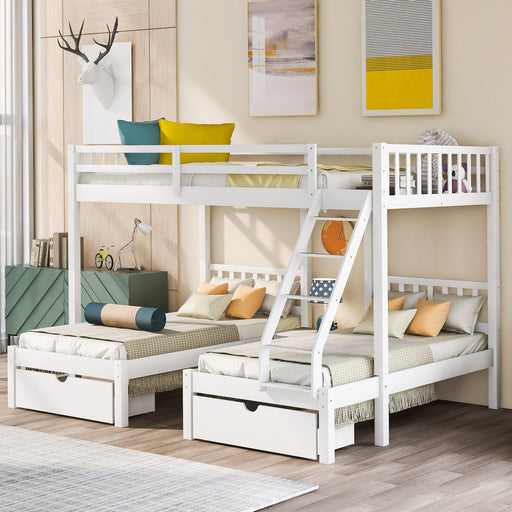 Full Over Twin and  Twin Bunk Bed with Drawers and Guardrails - White image