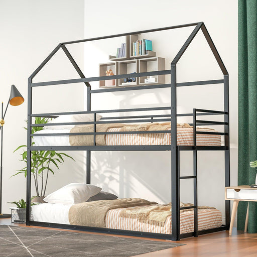 Twin over Twin Metal House Shaped Bunk Beds with Built-in Ladder - Black image