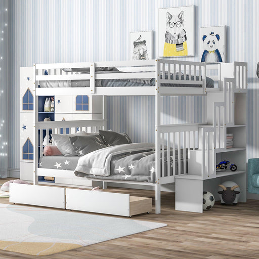Full Over Full Convertible Bunk Bed with Drawers,Storage Staircase, Head and Footboard - White image