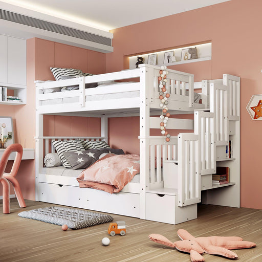 Full over Full Bunk Bed with Shelves and 6Storage Drawers - White image