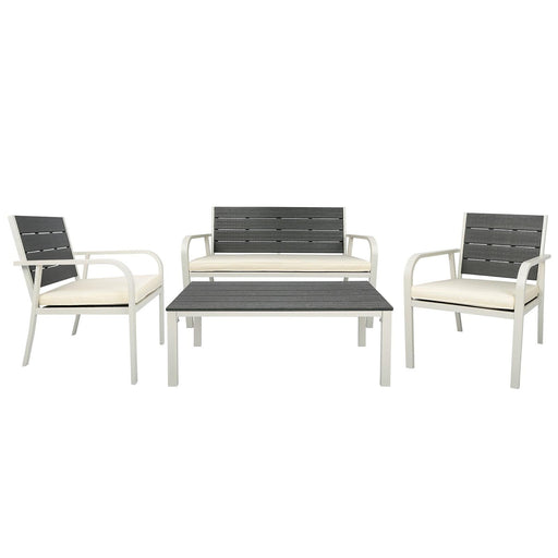 4 PCS Outdoor Patio Conversation Wood Grain Design PE Steel Frame Seating Set - White image