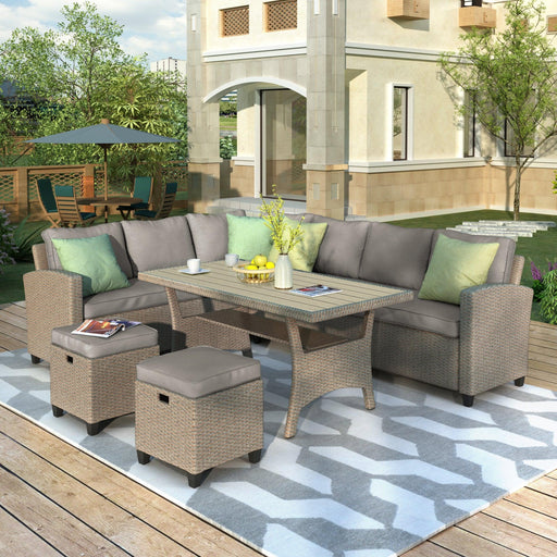 5 PCS Outdoor Rattan Furniture Set, Dining Table with Sofas, Ottoman, Beige Cushions and Throw Pillows image