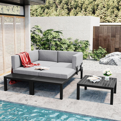 3 PCS Outdoor Aluminum Alloy Sectional Sofa Set with End Table, Coffee Table, and Gray Cushion image