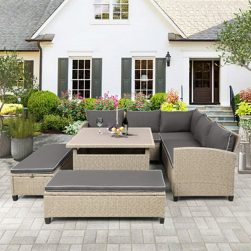 6 PCS Patio Furniture Set Outdoor Wicker Rattan Sectional Sofa with Table and Benches for Backyard, Garden, Poolside image