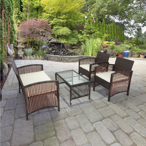 4 PCS Outdoor Patio Furniture Ratten Wicker Seating Group with Loveseat, Two Chairs, and Glass Tabletop Coffee Table image