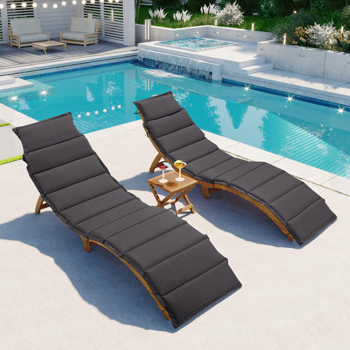 Outdoor Patio Wood Portable Extended Chaise Lounge Set with Foldable Tea Table and Dark Gray Cushions image
