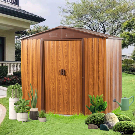 6ft x 6ft MetalStorage Shed with Woodgrain Design and Coffee Color Trim image