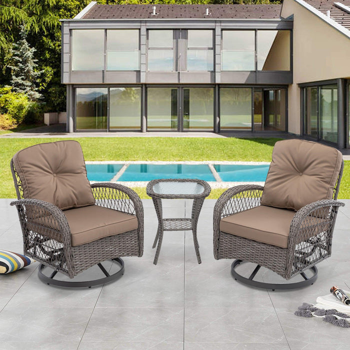 3 PCS Outdoor PatioModern Wicker Set with Table, Swivel Base Chairs and Brown Cushions image