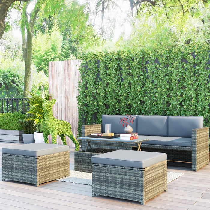 4 PCS Outdoor Backyard Patio All-weather PE Rattan Wicker Sectional Furniture Set with Retractable Table - Gray image