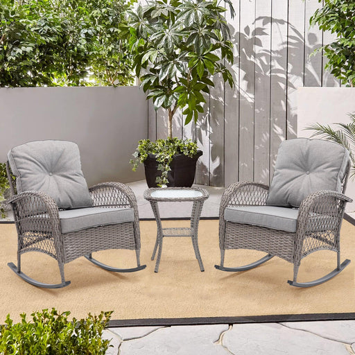 3 PCS Outdoor FurnitureModern Wicker Rattan Rocking Chair Set with Gray Cushion image