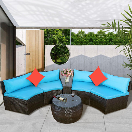 4 PCS Outdoor Patio Half-Moon Sectional Furniture Wicker Sofa Set with Two Pillows, Coffee Table, and Blue Cushions image