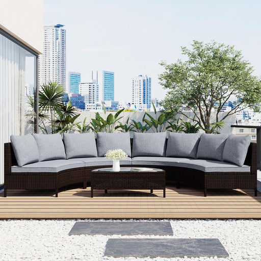 5 PCS Outdoor Patio All-Weather Brown PE Rattan Wicker Half-Moon Sectional Sofa Set with Tempered Glass Table and Gray Cushions image