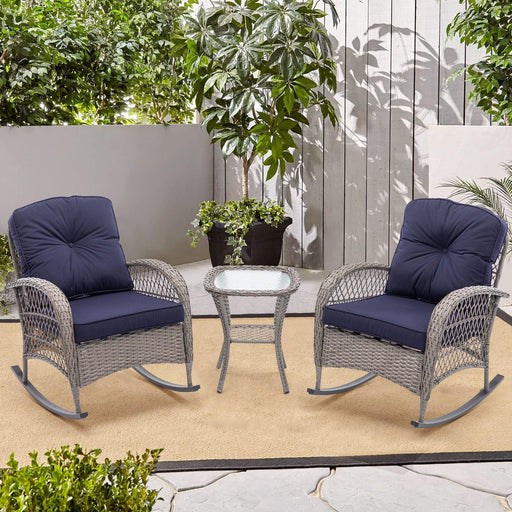 3 PCS Outdoor FurnitureModern Wicker Rattan Rocking Chair Set with Navy Blue Cushion image