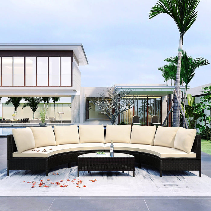 5 PCS Outdoor Patio All-Weather Brown PE Rattan Wicker Half-Moon Sectional Sofa Set with Tempered Glass Table and Beige Cushions image