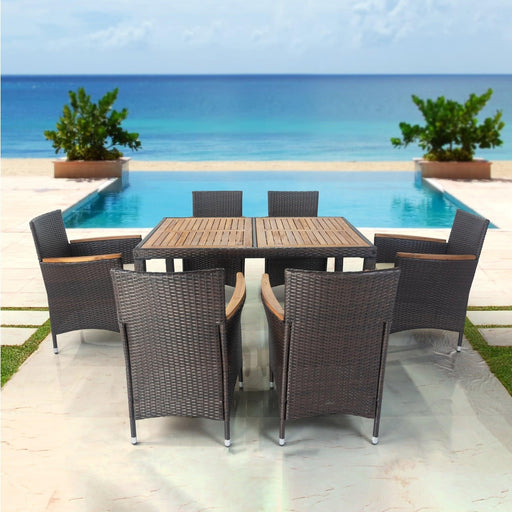 7 PCS Outdoor Patio Wicker Rattan Dining Furniture Set with Acacia Wood Top and Brown Wicker image