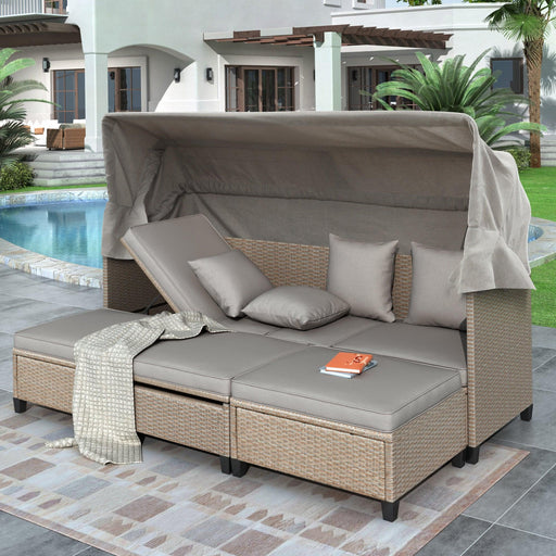 4 PCS UV-Resistant Resin Wicker Patio Sofa Set with Retractable Canopy, Cushions and Lifting Table - Brown image