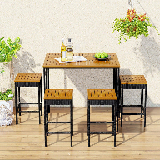 5 PCS Outdoor Patio Wicker Bar Set, Garden PE Rattan Wicker Dining Table, Square Stool Set, Foldable Tabletop, Acacia Wood Tabletop, High-Dining Bistro Set with 4 Stools And 1 Wood Table, Brown image