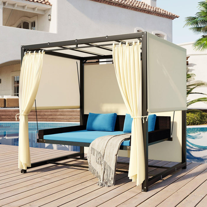 Outdoor Swing Bed with Beige Curtain and Blue Cushion image