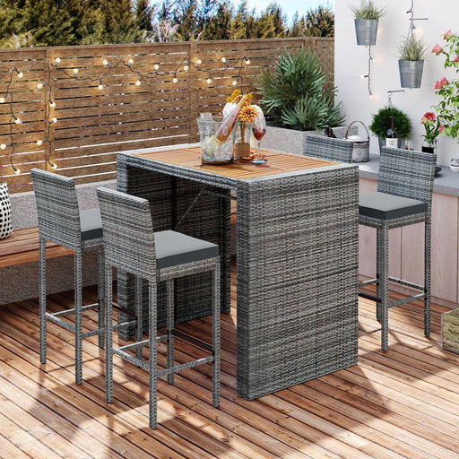 5 PCS Outdoor Patio Wicker Bar Set, Bar Height Chairs With Non-Slip Feet And Fixed Rope, Removable Cushion, Acacia Wood Table Top, Brown Wood And Gray Wicker image