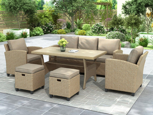 6 PCS Outdoor Patio Beige Rattan Wicker Dining Set with Beige Cushions image