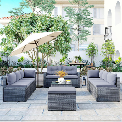 9 PCS Outdoor Patio Large Arrangeable Rattan Furniture Sofa Set with Gray Cushion and Gray Wicker image