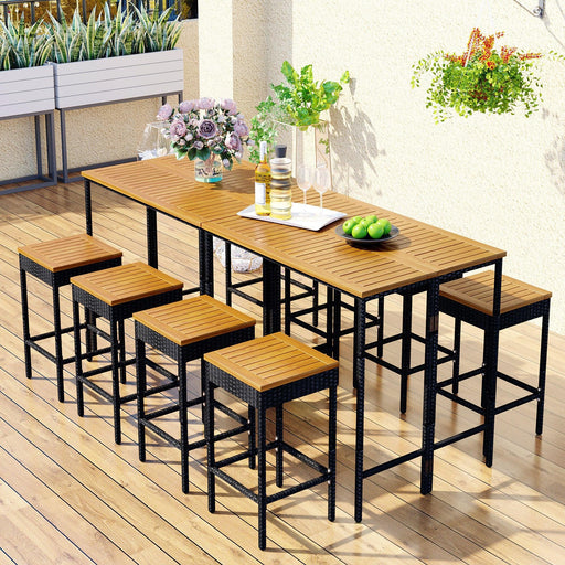 10 PCS Outdoor Patio Wicker Bar Set, Garden PE Rattan Wicker Dining Table, Square Stool Set, Foldable Tabletop, Acacia Wood Tabletop, High-Dining Bistro Set with 8 Stools And 2 Wood Table, Brown image