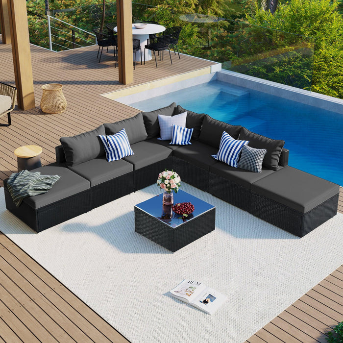 8 PCS Outdoor Patio Garden L-shaped Conversation Sectional Set with Gray Cushions and Black Rattan Wicker image