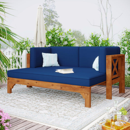 Outdoor Patio Extendable Wooden Sofa Set with Thick Blue Cushions image