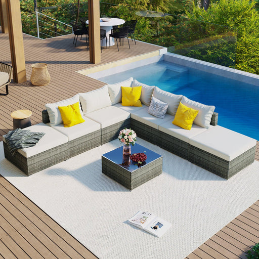 8 PCS Outdoor Patio Garden L-shaped Conversation Sectional Set with Beige Cushions and Gray Rattan Wicker image